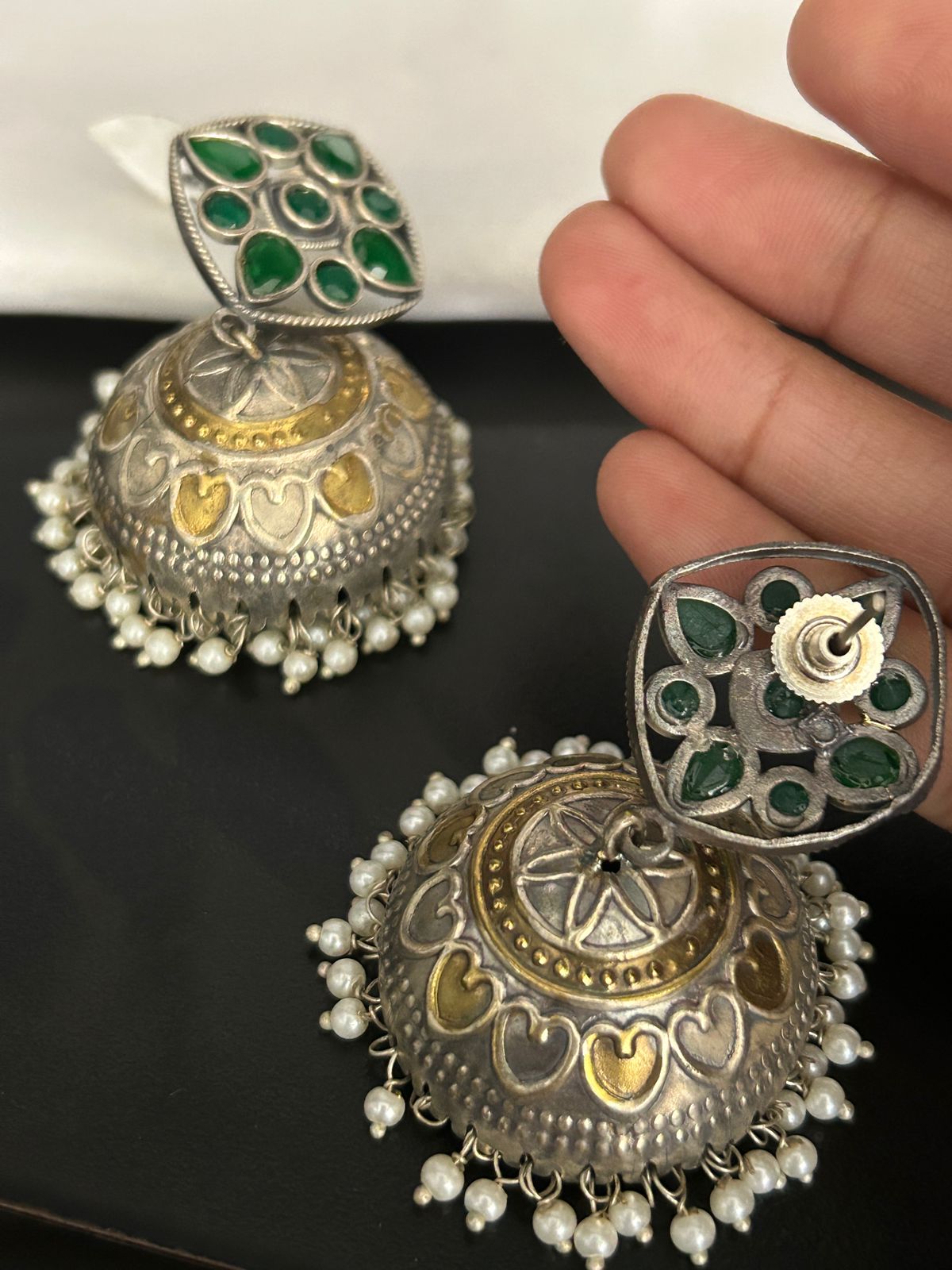Antique Green Stone Oxidized Jhumka Earrings with Pearl Drops